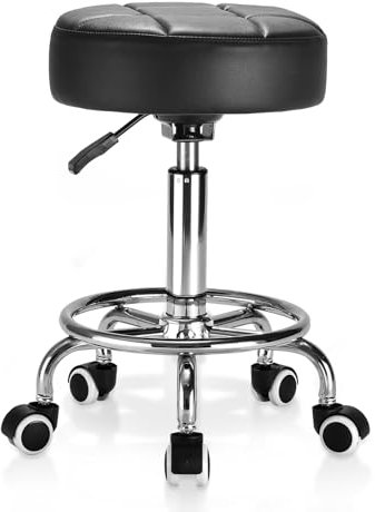 Rollhocker PU Leder Rund Gepolstert, Arbeitshocker Höhenverstellbar Rollen mit Fußstütze , 360° - Drehung Drehocker ,Tragfähigkeit 150kg für Spa Zeichnung Salon Arbeit Büro Tattoo Hocker. (Schwarz)