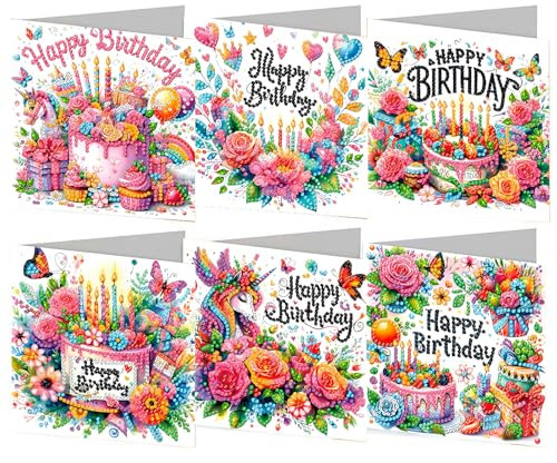 CAYUDEN Diamond Painting Karten Set, 6 Stück Geburtstag Diamant Malerei Karten, DIY Handgemachtes Diamond Painting Grußkarte mit Umschlag Set, 5D Diamant Malerei Grußkarte für Freunde, Familie