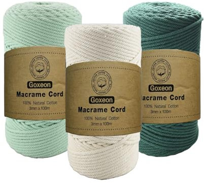 3 Pack Macrame Cord 3mm x100m Cotton Cord - 4 Strand Twisted Natural Cord for Wall Hanging, Plant Hangers, Crafts, Knitting(Beige+Blackish Green+Flower Green)