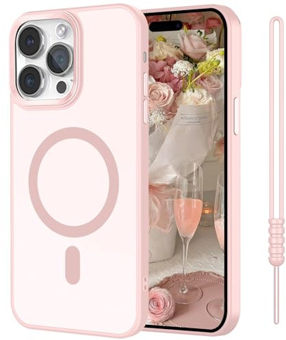 SouliGo Magnetic Case for iPhone 12 Pro Max 6.7”【Compatible with MagSsafe】 Slim Translucent Matte Shockproof Hard PC Cover & Soft TPU Bumper Anti-Scratch Protective Phone Cases with Lanyard - Pink