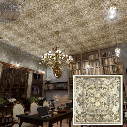 Drop Deckenfliesen, 61 x 61 cm, PVC, leicht, orientalische Wandpaneele (10 Stück, 40 m²), Wanddekoration für Bar, Café, Club, PL19, antikes Gold, 10-teiliges Set