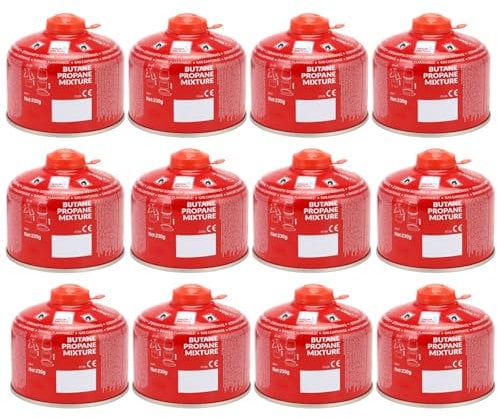 12 Pack 230g Butane-Propane Screw On Gas Canisters Gas Cartridge for Camping Stoves, Heaters & Lanterns | High Performance Propane-Butane Mix with Resealable Valve Cartridges | EN417 Gas Cartridge