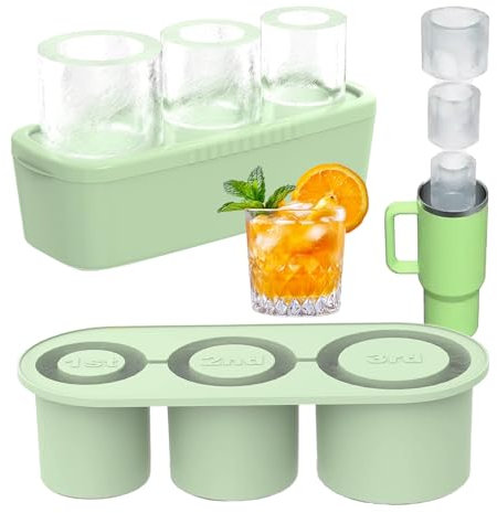 Ice Cube Tray for Tumbler Cup 40 Oz Stanley Cup Silicone Ice Cube Moulds 3Pcs Cylinder Ice Mold Easy Fill & Release Ice Maker with Lid & Bin, for Whiskey Cocktails Coffee Drinks (Green)