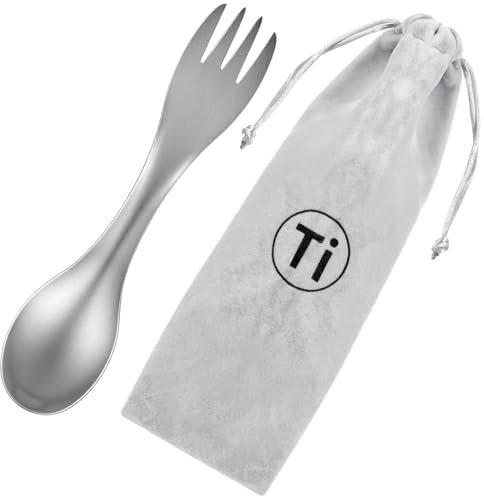 HJZHII Cuillère-fourchette 2 en 1 en titane avec petit sac, fourchette et cuillère en métal ultra léger, réutilisable, ustensile de camping pour randonnée, camping, pique-nique