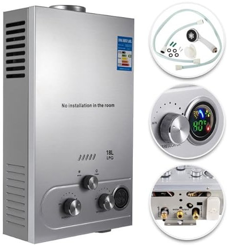 18L Calentador de Agua a Gas LPG Calentador de Agua a Gas Butano 36KW Calentador de Agua de Gas Licuado de Petróleo sin Tanque,para Baño/Cocina/Autocaravana/Camping/Al Aire Libre etc. (18L)