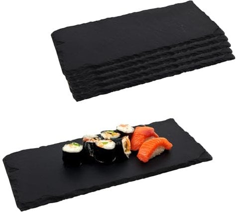 Lot de 6 plateaux de service en ardoise - 25 x 10 cm - Avec patins antidérapants - Ardoise naturelle pour sushis, tapas et desserts - Assiettes de service élégantes au design épuré