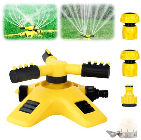 360 Grad Kreisregner Rasensprenger Große Flächen, Gartensprenger, Rasenbewässerung Rotierender Wasser Sprinkler, 3 Arm Sprenger, Rasensprinkler für Bewässerungsanlagen (mit 6-poligem Steckverbinder)