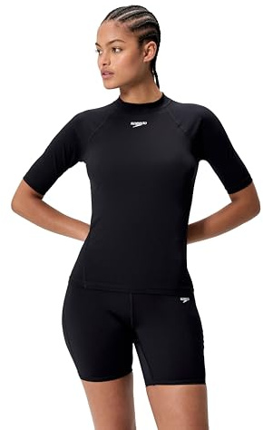 Speedo Women's End+ Short Sleeve Swim Rash Guard Top, Black, M