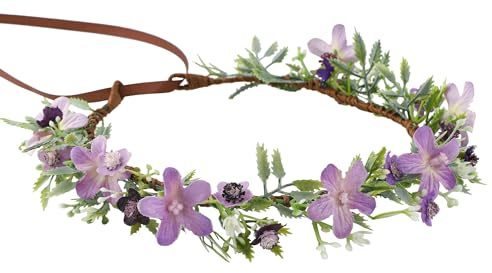 Handschmade Lila Blumenkranz für Braut Hochzeit Elfen- und Feenkostüm Faschingskostüme Karneval Frauen Mädchen Kopfbedeckung Grüner Blattkopfschmuck Kostümfoto Prop