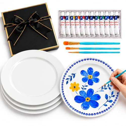 Sinmoe 4 Pcs Paint Your Own Ceramic Plates Kit Includes 4 Porcelain Plates, 3 Paint Brushes and 12 Acrylic Paints & 1 Black Gift Box & 1 Palette Paintable(8 Inch, Modern Luxe)
