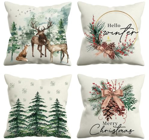 VLYX Set aus 4 Weihnachts-Kissenbezügen - Design mit Tannenbäumen und Rentieren, 45x45 cm Dekokissenbezüge für Sofa und Wohnzimmer