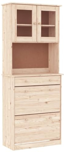 Highboard aus Natürlichem, Massivem Kiefernholz, Großer Glasschrank, Moderne Atmosphäre, Geräumiger Stauraum, Stilvolles Skandinavisches Design, Einfache Wartung, Rechteckige Form, (Natürlich)