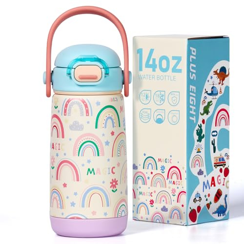 pluseight Kids Insulated Water Bottle with Straw Lid & Handle, 420ml/14oz BPA-Free Double Wall Vacuum Tumbler 18/8 Stainless Steel Leak Proof Kids Cups for School Travel (Rainbow)