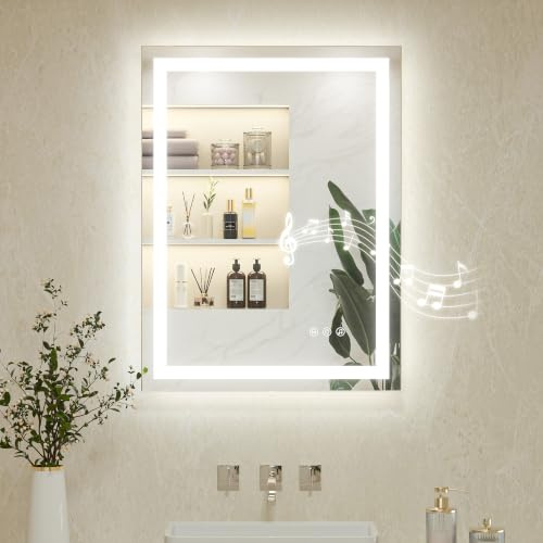 Keonjinn 60x80cm Bluetooth Bathroom Mirror with LED Lights, Antifog Vanity Mirror with Lights Back and Front Lit 3 Colour Dimmable Illuminated Wall Mounted Rectangle Digital Mirrors