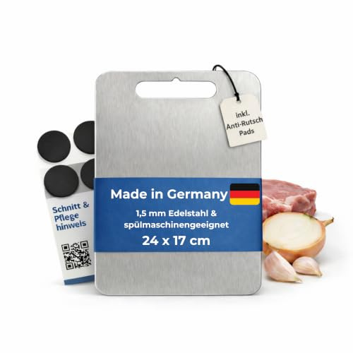 Edelstahl Schneidebrett 24x17 cm - glatt, Made in Germany | 1,5 mm Edelstahl-Vollmaterial - spülmaschinengeeignet - 4 Silikonpads für rutschhemmenden Stand - entgratet & leicht gerundet