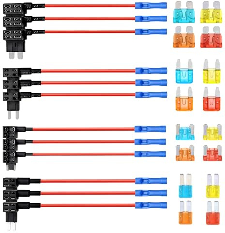 28Pcs Fuse Taps Kit, 4 Types Add a Circuit Adapter with Blade Fuses | Mini, Micro2, Small, Medium Piggyback Fuse Holders (5A 10A 15A 20A), 12V Low Profile Tap Replacement for Cars, Trucks, Boats