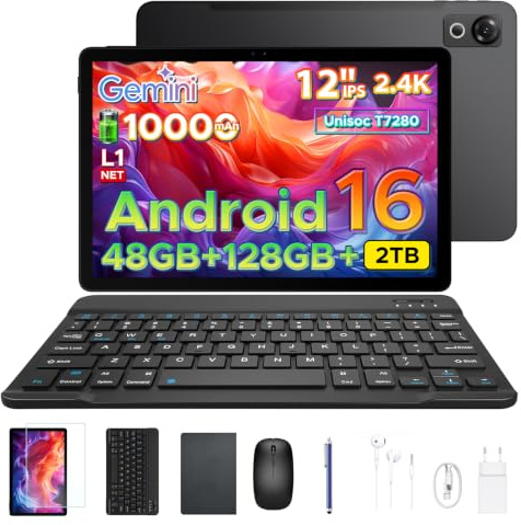 POPUX P12 Tablet Android 16, 120Hz 2.4K Tablet 12 Pollici,FHD,Gemini AI,48GB+128GB/2TB,7280 Octa-Core, 10000mAh, 13MP+8MP, Face ID, Widevine L1, Cuffie 3.5mm, GPS, Tablet con Tastiera, Penna, Nero