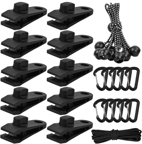 10 Stück Planenclips Zelt Clips Zeltplanen-Klemme Planenhalter & Gummispanner Ball Bungee Schnur & Karabiner für Planen, Markisen, Wohnwagen Vordächer Camping im Freien