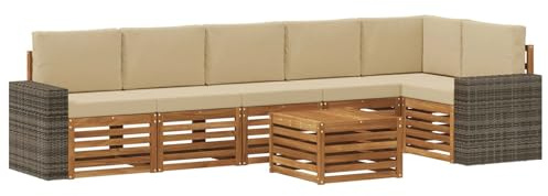 vidaXL Ecksofa Set mit Kissen 7 pcs Natur und Beige Massivholz Akazie, Garten Lounge, Moderne Outdoor-Sofa Sets, modulare Sofas, Essbereich, Holz Sitzgruppe, Terrasse Ideen