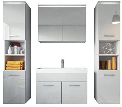 Badezimmer Badmöbel Set Paso XL LED 80cm Waschbecken Hochglanz Weiß Fronten - Unterschrank 2X Hochschrank Waschbecken Möbel
