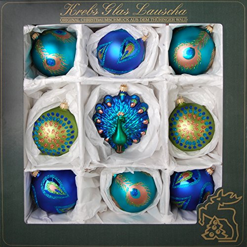 Krebs Glas Lauscha - Christbaumschmuck aus Glas - Christbaumkugeln im Vögeldesign + Vogelfigur - Größe: ca. 8-11 cm - Menge: 9 Stück
