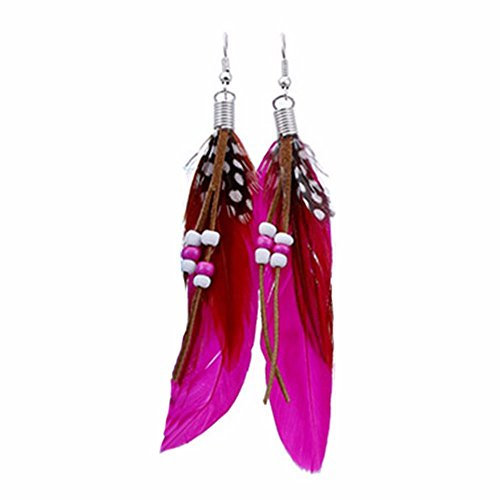 Walaka Boucles D'Oreilles Pendantes Femme - Style Bohème Perle Glande Plume Mode Pendentif (Rose Vif)