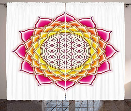 ABAKUHAUS Lotus Rustikaler Gardine, Klare Blume des Lebens Lotus, Schlafzimmer Kräuselband Vorhang mit Schlaufen und Haken, 280 x 260 cm, Gelb Orange
