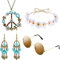 HICARER Hippie Kostüm Set mit Sonnenbrille, Stirnband, Friedenszeichen Halskette und Ohrring (Türkisfarbener Stil)