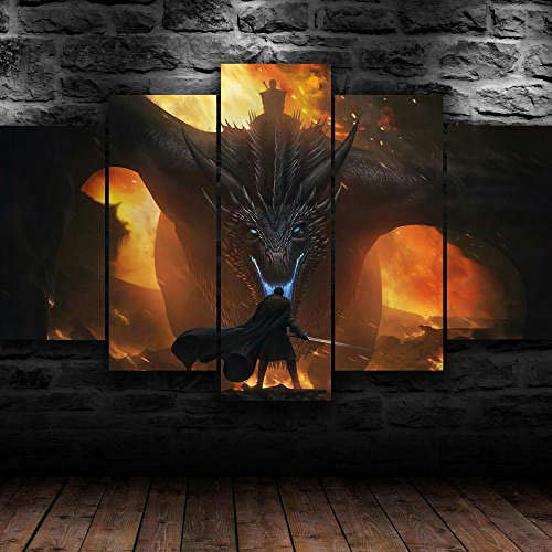 IIIUHU Bilder Wandbild 150x80cm Vlies - Leinwand Bild XXL Wandbilder Wohnzimmer Wohnung Deko Kunstdrucke 5 Teilig Leinwand Bild -Game of Thrones Nachtkönig Drag und Jon Snow Hd Gedruckt Wandkunst