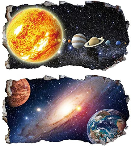 2Pcs Weltraum Erde Planeten Space Wandtattoo 3D Effekt V08 Wandsticker XXL Fenster Wandaufkleber Universum Sterne für Kinderzimmer Jungenzimmer mädchenzimmer Groß 1000mmx580mm