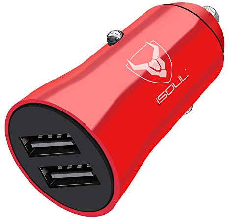 iSOUL Car Charger, USB Car Cigarette Lighter Charger, 12V/24V (DC 5V) 3.1A USB Car Chargers Adapter 2-Port, Fast Charging for iPhone 15 14 12 11 X Pro Max Samsung Galaxy iOS Android Devices Red