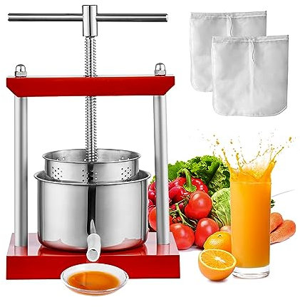 VEVOR Prensa para Vino o Fruta 2 L Prensa de Fruta y Vino de Acero Inoxidable 24 x 19 x 36,5 cm Prensa de Vino Uvas Prensa para Hacer Vino con Bolsa de Filtro para Zumo Vino Sidra Aceite de Oliva