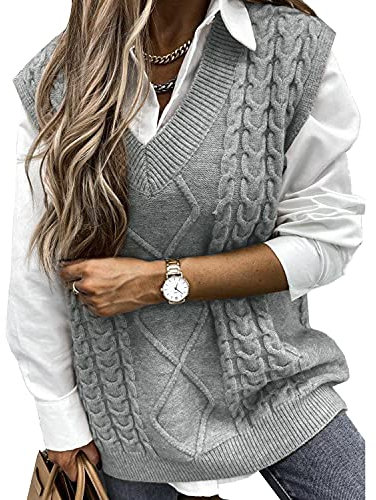 Niwicee Sweater Vest Knitted Sleeveless Jumpers Tank Top Streetwear Knitwear Plaid Pullovers Sweatshirts Oversized V Neck Cable Knit Vintage Retro Stylish Spring Autumn Winter Chunky Women(Grey,M)