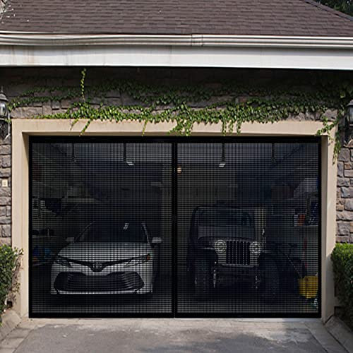 Zanzariera per porta del garage per 1 o 2 auto, 4,3 x 2,4 m, resistente e durevole, in fibra di vetro, nastri a strappo, strisce e porte con potenti magneti, facile da installare (14 x 8 nero)