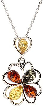 Artisana-Schmuck Pendentif en forme de trèfle à quatre feuilles, serti en argent sterling 925/000 rhodié, Argent sterling 925/000 rhodié Ambre de la Baltique, Ambre