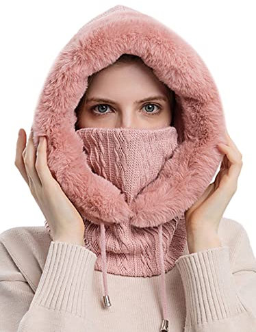 SEAUR 3 in 1 Sturmhaube Balaclava Damen Warm Schlupfmütze Fleece Gefüttert Skimütze Strickmütze Wintermütze Fahrrad Mütze Schal Gesichtsmaske - Rosa
