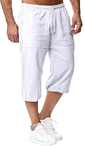 Sprifloral Mens Linen Shorts 3/4 Length Pants Summer Trousers Beach Yoga Joggers Casual Sweatpants White XXL