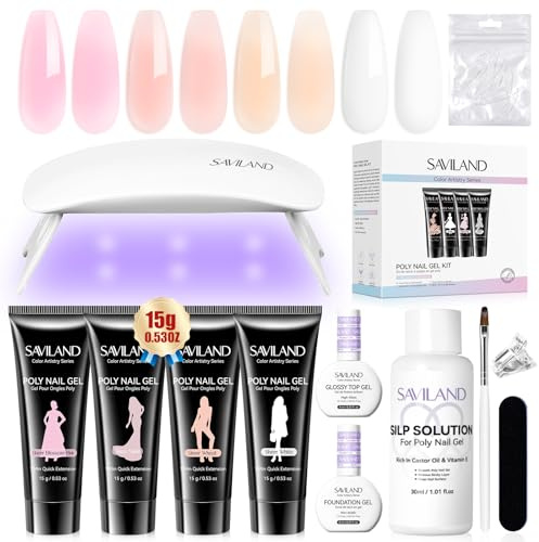 SAVILAND Poly Nail Gel Kit: All-in-1 Polygel Nail Kit with U V Lamp Light | Quick Dry Slip Solution 4 Colors Sheer Nude Pink White Long-Wear Jelly Nails Extensions for Beginner Starter DIY Nail Art