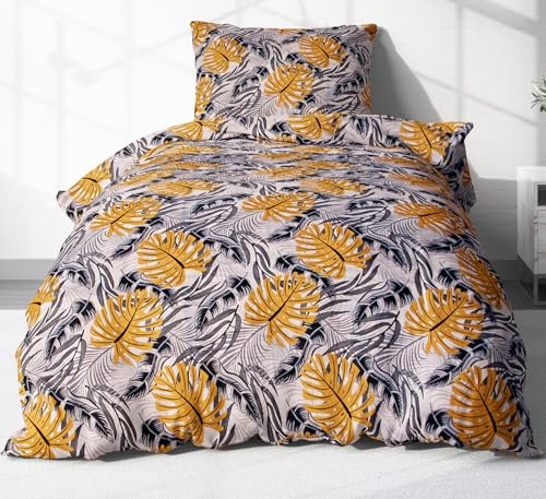 Heubergshop 2-teilige Renforce Bettwäsche 135x200cm und 80x80cm - Blätter in Grau, Schwarz und Orange - 100% Baumwolle, Bettgarnitur (KY-660/1-Renforce)
