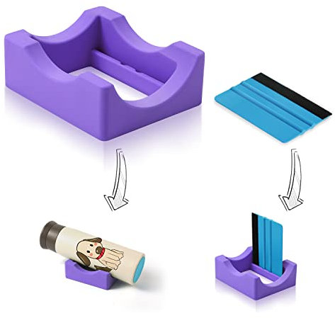 Small Silicone Cup Cradle for Crafting Making,Tumbler Holder with Built-in Slot and Felt Edge Squeegee Decal Scraper, Use to Apply Vinyl Decals for Tumblers, Anti-Skidding Tumbler Stand (Purple)