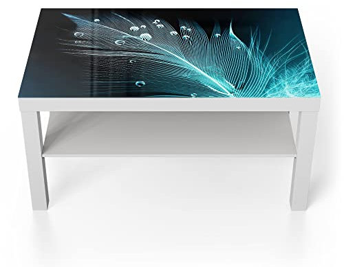 DEQORI Glastisch | weiß groß 90x50 cm | Motiv Feder mit Wasserperlen | ausgefallener Beistelltisch aus Glas | Hochglanz Couchtisch fürs Wohnzimmer | moderner Couch Tisch mit Design