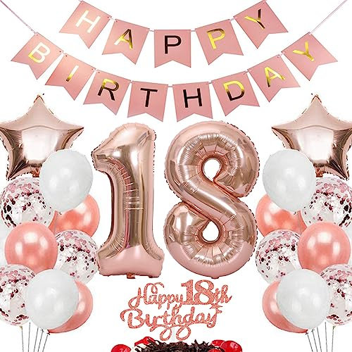 Feelairy Geburtstagsdeko 18 Jahre Mädchen, Rosegold Luftballon 18. Geburtstag Deko Mädchen, Tortendeko Happy 18th Birthday Deko 18 Jahre Mädchen, Ballon 18. Geburtstag Kinder Party Dekoration Set