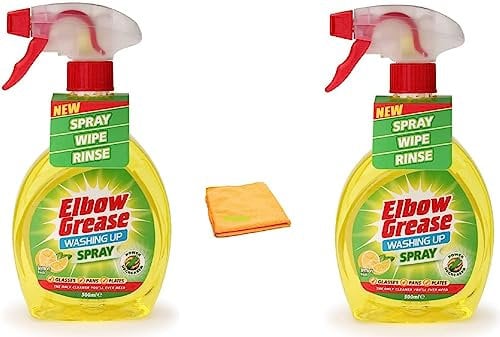 Elbow Grease 2 X 500ml Lemon Fresh Washing Up Spray - Power Degreaser Cleaner for Glasses, Pans, and Plates - Fresh Lemon Scented Formula - Includes 2 Karrma Microfiber Cloths