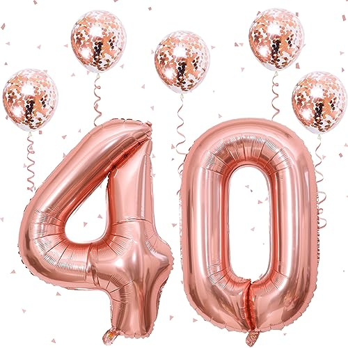 Govpy 40 Number Balloons, 40 Inch Foil Rose Gold Number 4 & 0 Balloons, Large Helium Self Inflating Balloons with Confetti Balloons 40th 4th Birthday Party Anniversary Decorations Supplies