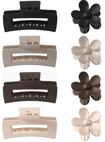 Clippi 8 Stück Große Haarklammer | 10.5cm Rutschfeste Haarspangen Damen Dickes Haar | Eckige Jaw Clips | Blumen Haarklammer | Haarstyling Zubehör für Frauen Mädchen | Starker Halt | Neutrale Farben
