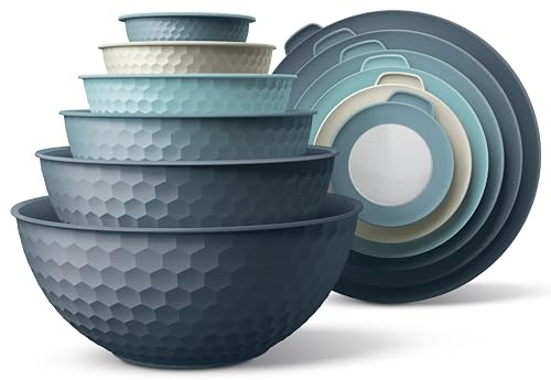 COOK WITH COLOR Mixing Bowls with Lids - 12 Piece Plastic Nesting Bowls Set includes 6 Prep Bowls and 6 Lids, Microwave Safe Mixing Bowl Set, Blue Embossed