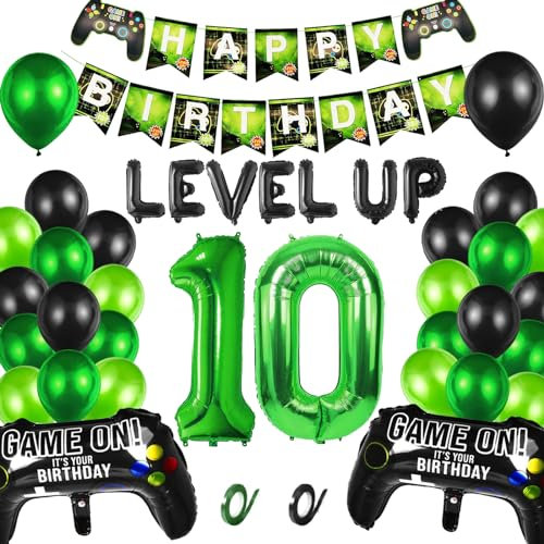 LUKIUP Gamer Deko Geburtstag Junge 10 Jahre, Folienballons mit Banner, 9/10/11/12/13/14/15/16/17/18 Jahr Videospiel Geburtstag Deko Set, für Spielthemen Party Geburtstag Dekoration Junge