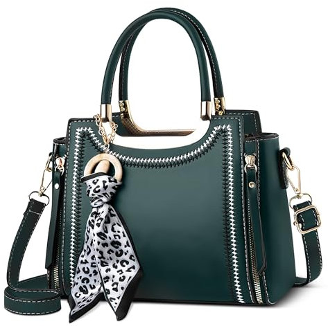 SODOLLEE Handtasche Damen Henkeltaschen mit Seidentuch Anhänger Elegant Umhängetasche PU Leder Schultertasche für Reisen Shopper Arbeiten Grün