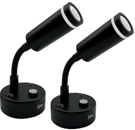 Dream lighting LED Leselampe 12v mit USB für Wohnmobil Boot Innenbeleuchtung Wohnwagen Lampen Dimmbar 3000K Warmweiss Schwarz Schwanenhals 2 Stück