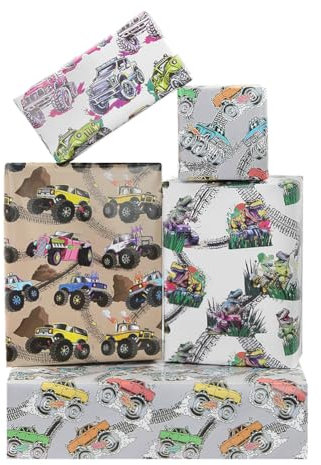 Monster Truck Geschenkpapier für Jungen, Männer, Kinder, Rennauto Geburtstags Geschenkpapier, Monster Truck Designs Geschenkpapier, 8 Blatt, 50 x 70 cm, für Geburtstag, Babyparty
